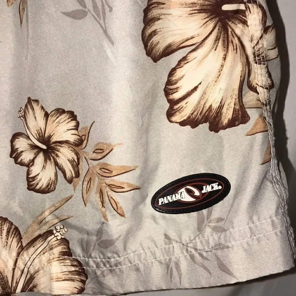 Panama Jack Men's Elastic Waist Drawstring Floral Gray/ Brown Swim Shorts Size M